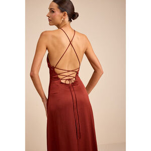 Lulus Nisrine Rust Red Satin Lace-up Halter Maxi Dress - Size XL